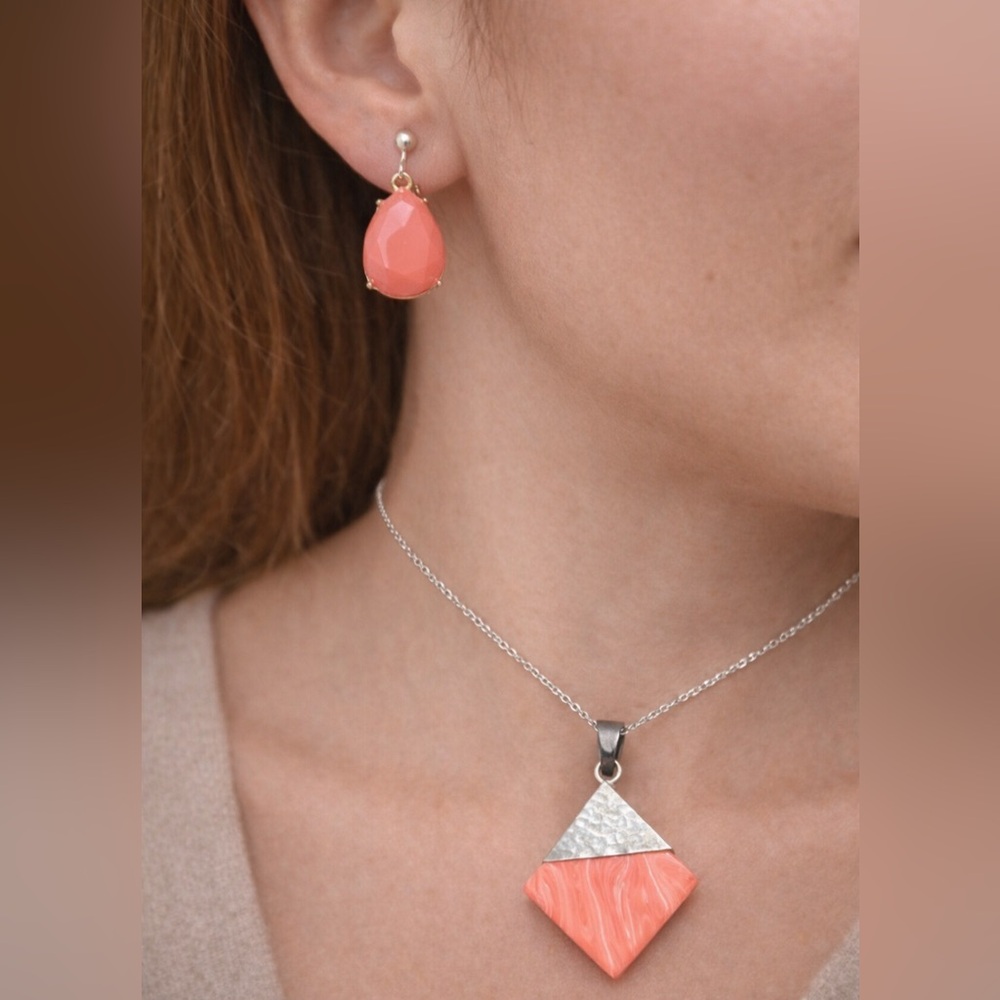 Coral and silver Pendant and earrings bundle